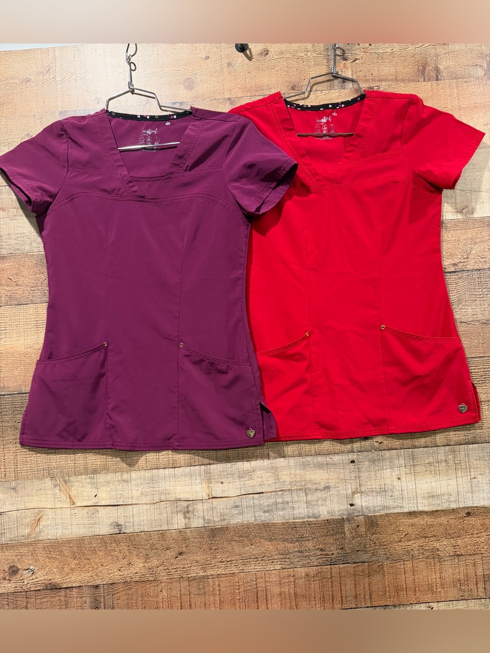Scrub Top Bundle - HeartSoul V-Neck Short Sleeve Tops in Plum & Red Size XXS